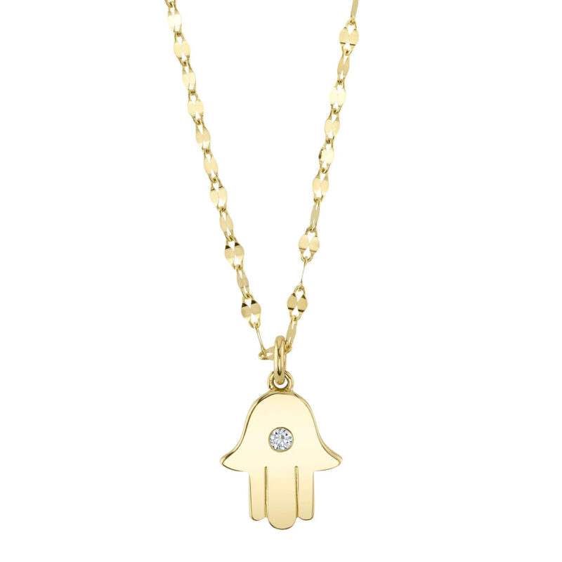 18K Solid Gold 0.03Ct Diamond Hamsa Necklace