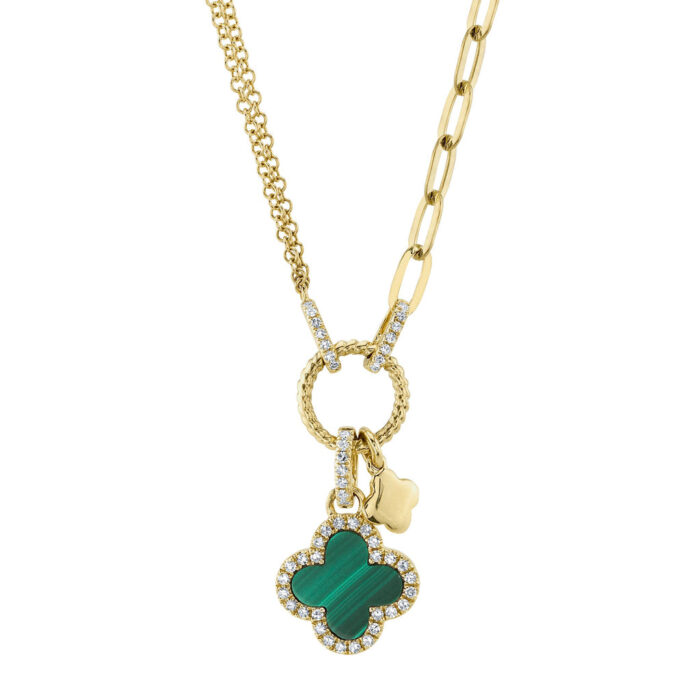 Diamond & Malachite Clover Paper Clip Link Necklace