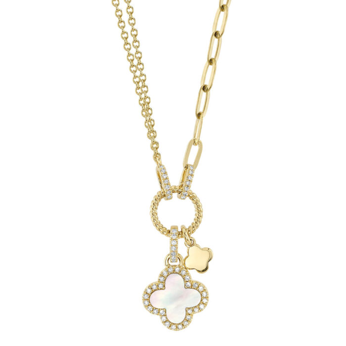 Mother Of Pearl Clover Paper Clip Link Necklace