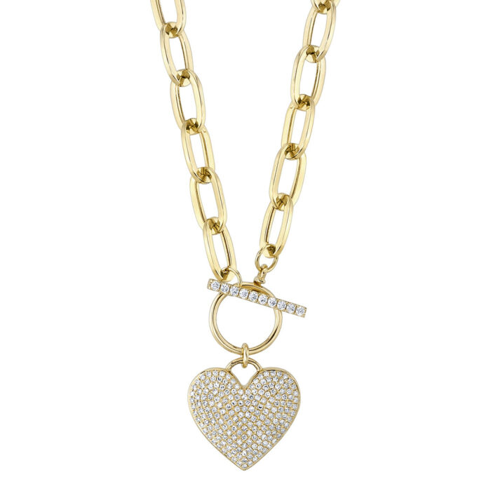 Diamond Paper Clip Link Pave Heart Necklace