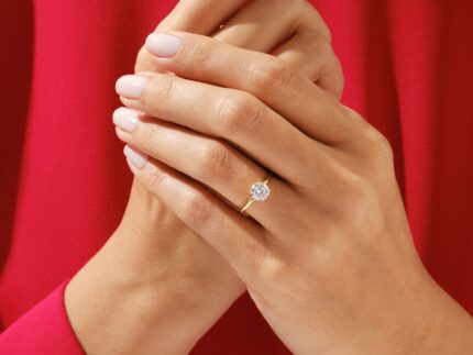 14K Solid Gold Emerald Cut Halo Ring Lab Grown Diamond Engagement Ring