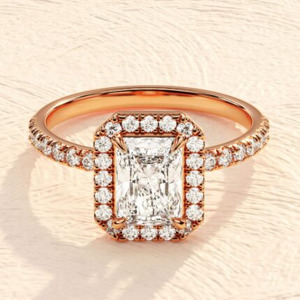 14K Solid Gold Emerald Cut Halo Ring Lab Grown Diamond Engagement Ring