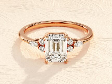 2.5ct Emerald Cut Engagement Ring with Marquise and Round Side Stones