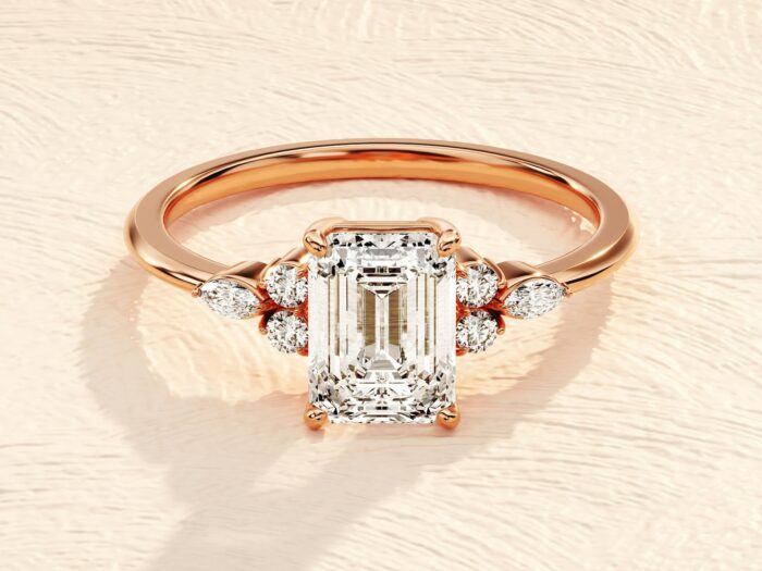 2.5ct Emerald Cut Engagement Ring with Marquise and Round Side Stones