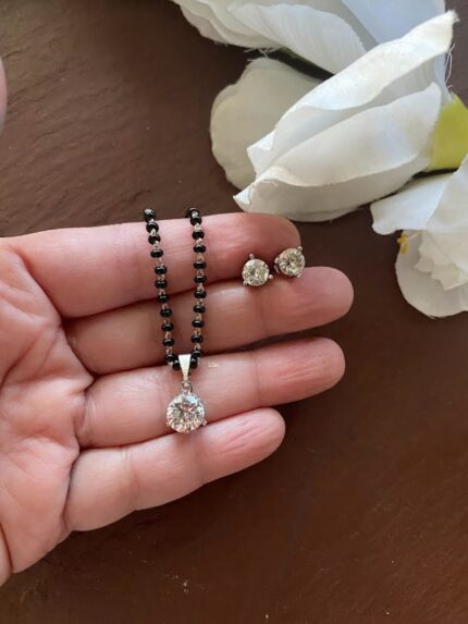 18K Solid Gold 1CT CZ Mangalsutra with Black Beads