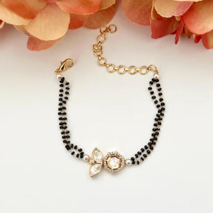 18K Solid Gold CZ Black Beaded Hand Mangalsutra Bracelet