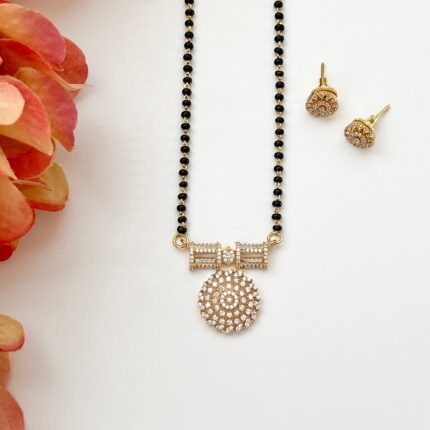 18K Solid Gold 02CT CZ Black Beaded Mangalsutra Pendant Set