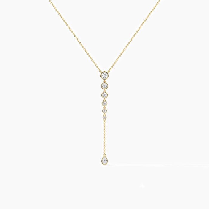 18K Solid Gold 1.50 CT Classic Cushion & Round Diamond Lariat Drop Necklace