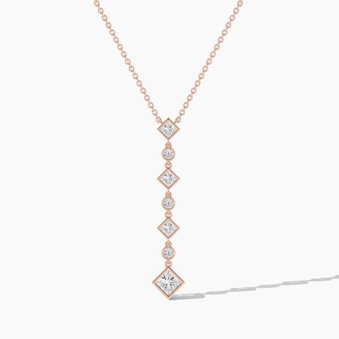 18K Solid Gold 1.15 Ct Classic & Round Cut Diamond Lariat Drop Necklace