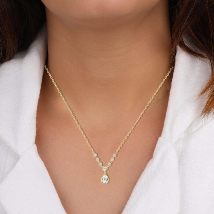 18K Solid Gold Heart & Pear Cut Diamond Drop Necklace