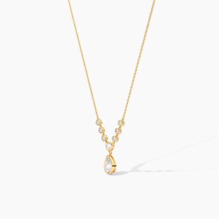 18K Solid Gold Heart & Pear Cut Diamond Drop Necklace