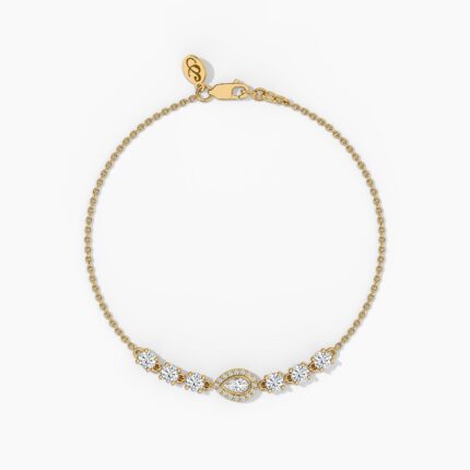18K Solid Gold 0.25 & 1.16 CT Pear & Round Diamond Chain Bracelet