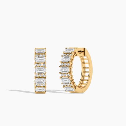 18K Solid Gold 1.91CT Emerald & Round Cut Diamond Hoop Earrings